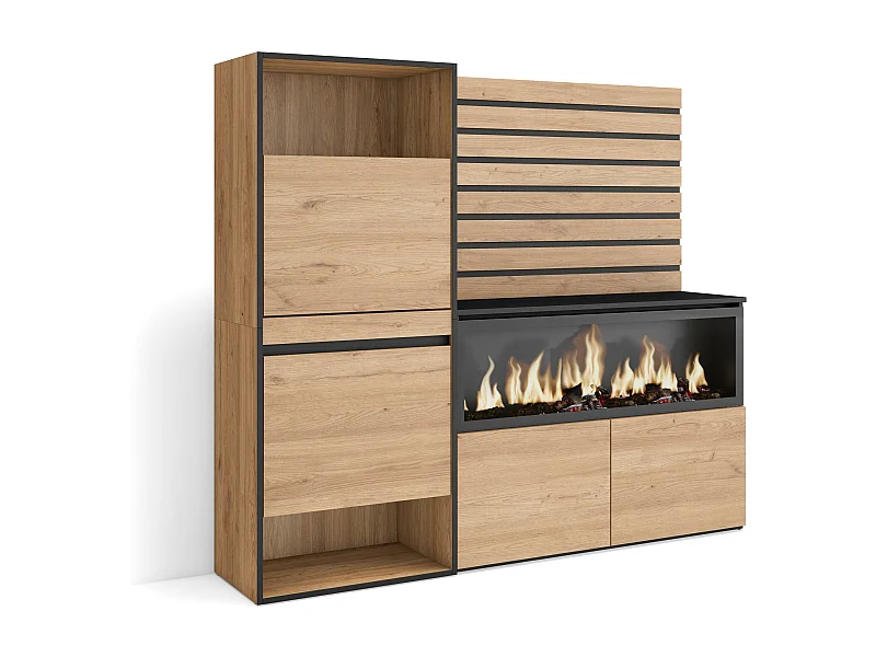 Credenza, 167x35x145cm, Camera da letto, stanza, Camino elettrico XXL, Scarpiera, Rovere