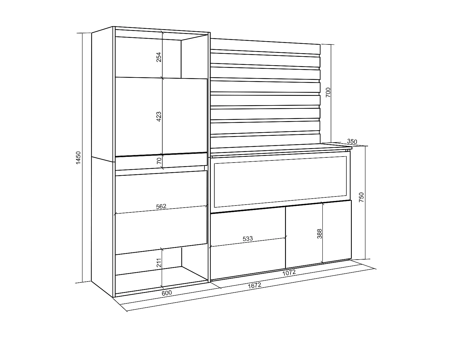Dressoir, Opbergkast, 167x35x145cm, Voor slaapkamer, kamer, Elektrische haard XXL, Schoenenkast, Eiken