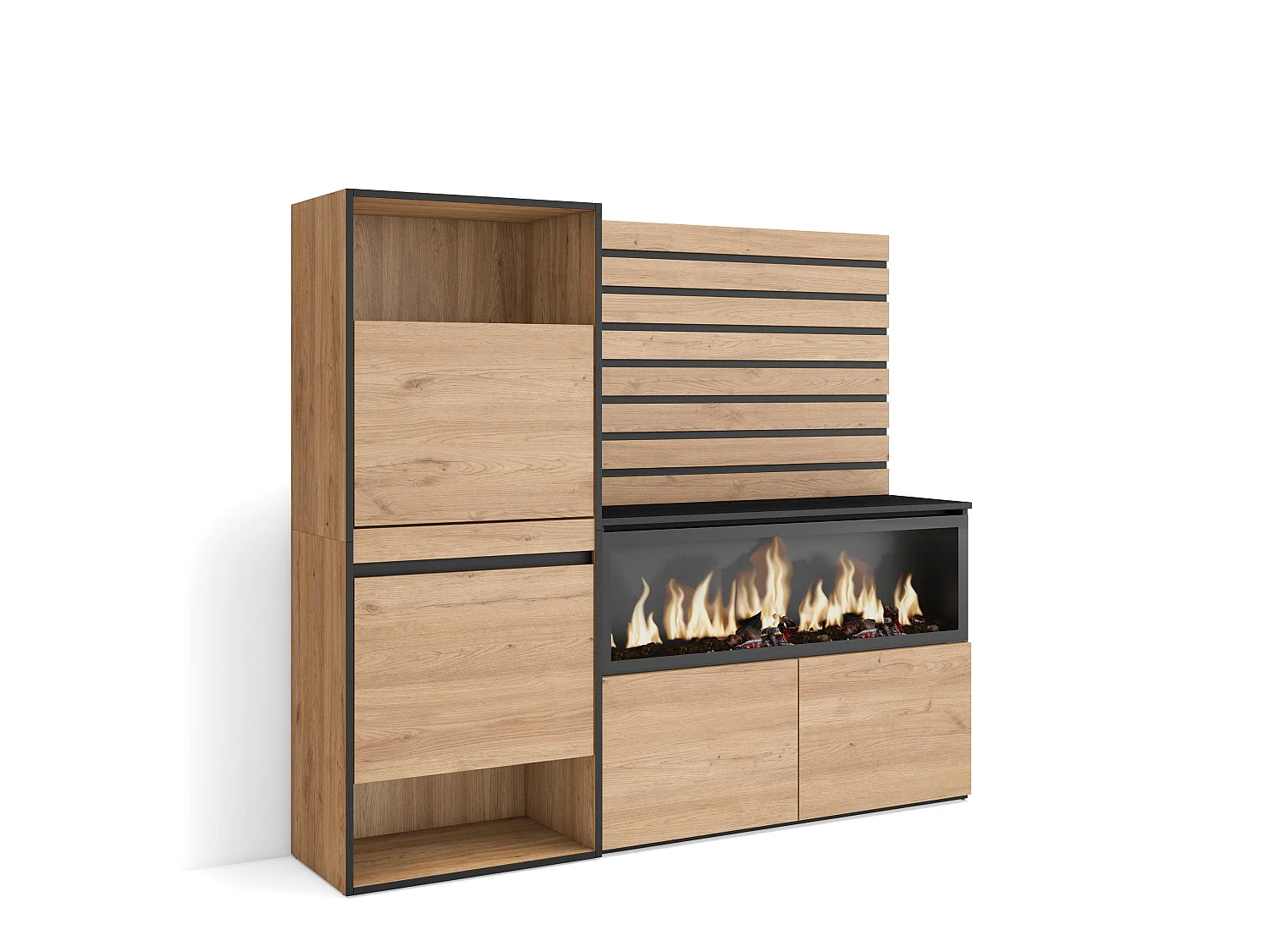 Credenza, 167x35x145cm, Camera da letto, stanza, Camino elettrico XXL, Scarpiera, Rovere