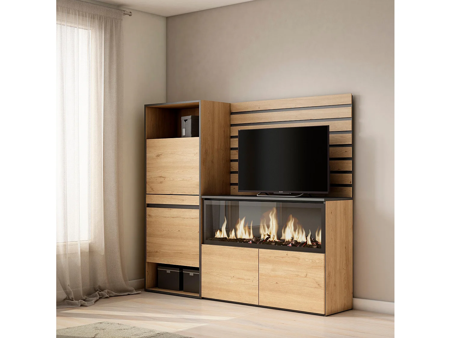 Credenza, 167x35x145cm, Camera da letto, stanza, Camino elettrico XXL, Scarpiera, Rovere