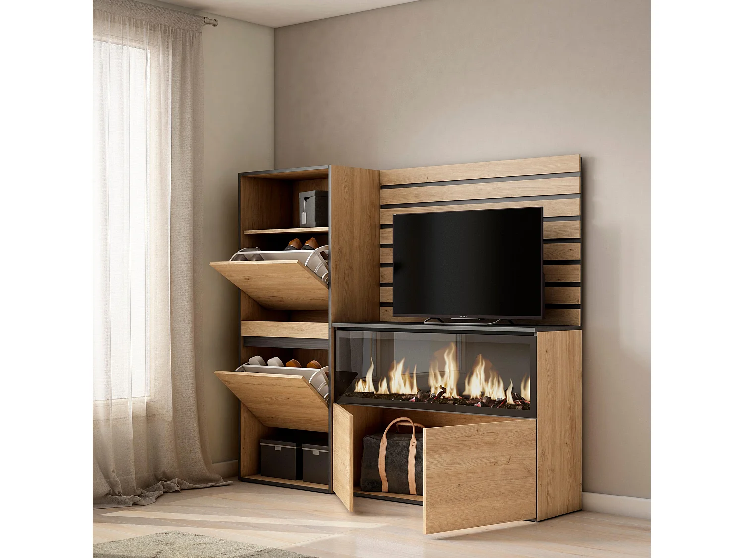 Credenza, 167x35x145cm, Camera da letto, stanza, Camino elettrico XXL, Scarpiera, Rovere