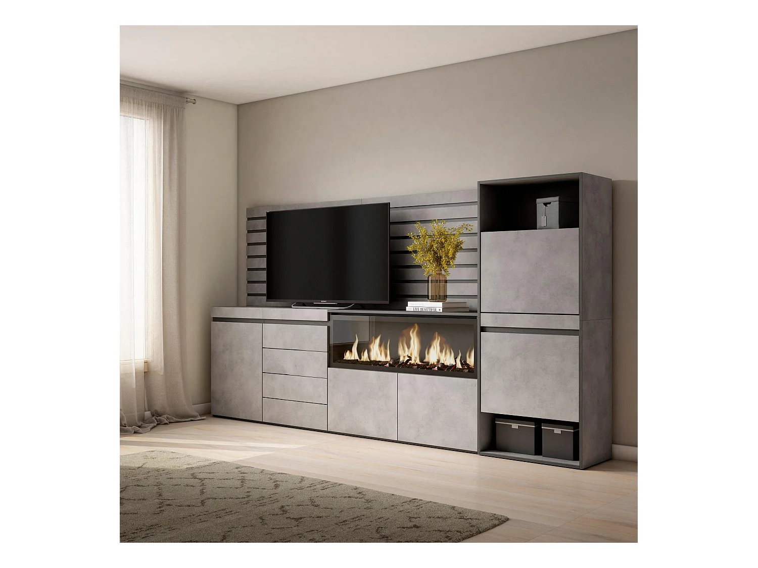 Dressoir, Opbergkast, 274x35x145cm, Voor slaapkamer, kamer, Elektrische haard XXL, Ladekast, Commode, Schoenenkast, Cement