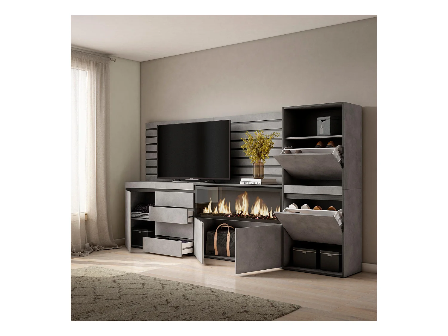 Dressoir, Opbergkast, 274x35x145cm, Voor slaapkamer, kamer, Elektrische haard XXL, Ladekast, Commode, Schoenenkast, Cement