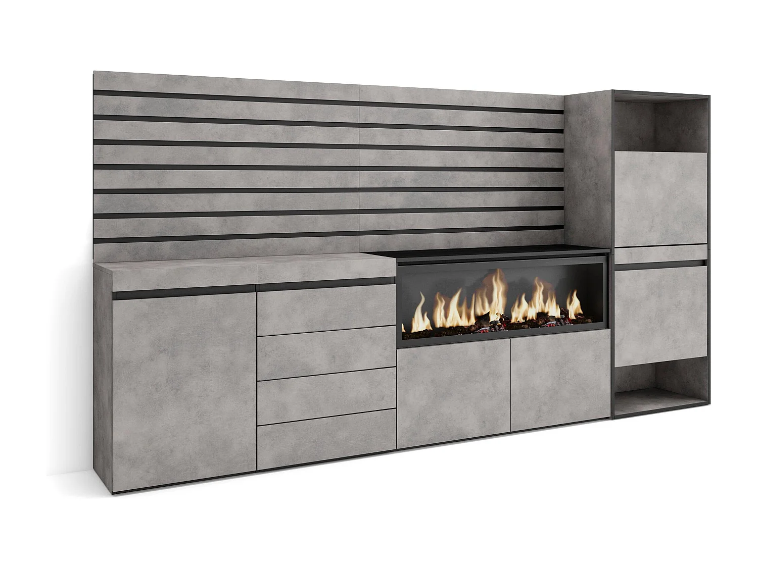 Sideboard, Kommode, 274x35x145cm, Für Schlafzimmer, Elektrokamin XXL, Kommode mit Schubladen, Schuhschrank, Zement