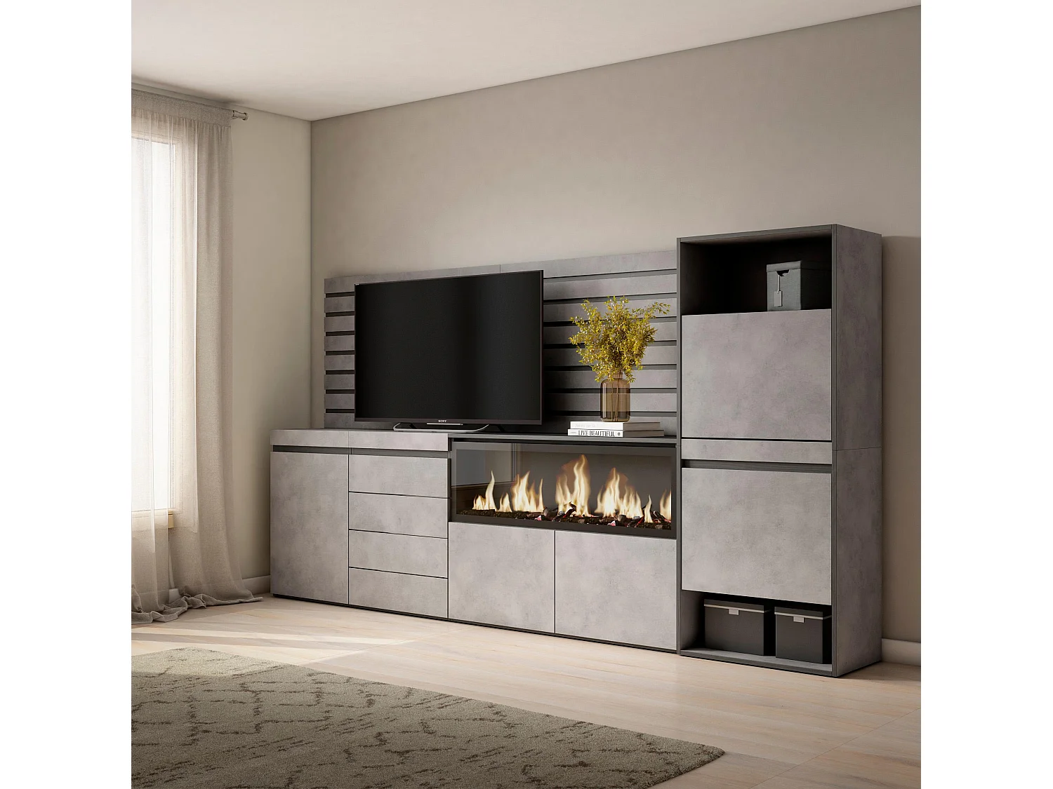 Sideboard, Kommode, 274x35x145cm, Für Schlafzimmer, Elektrokamin XXL, Kommode mit Schubladen, Schuhschrank, Zement