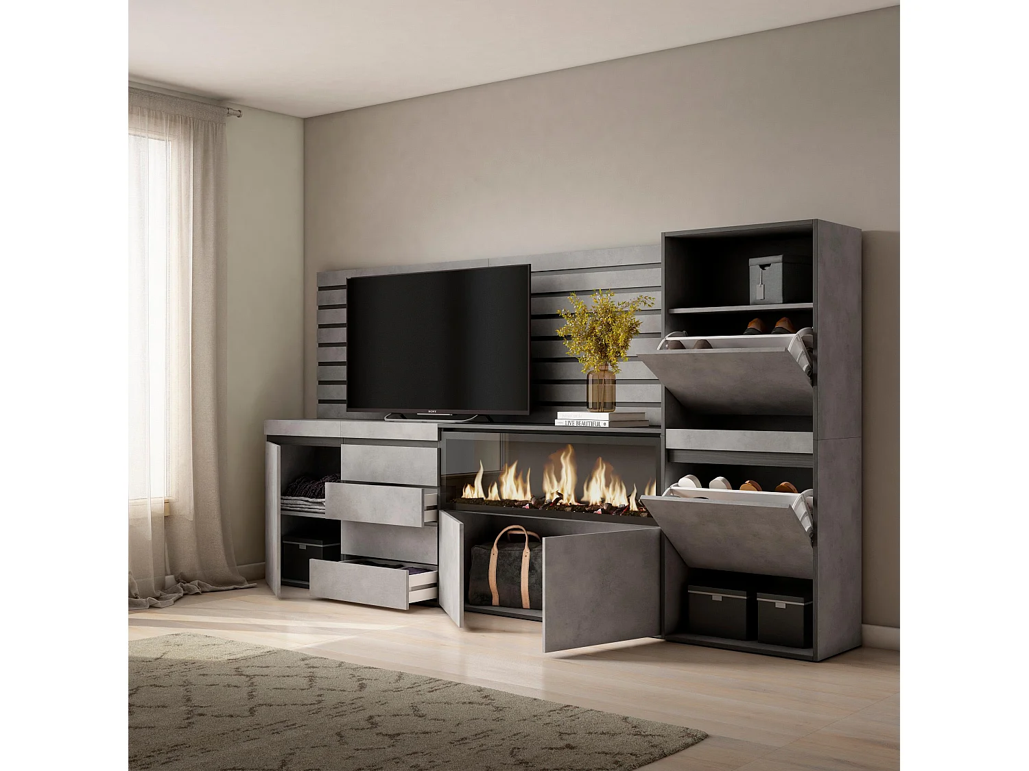 Sideboard, Kommode, 274x35x145cm, Für Schlafzimmer, Elektrokamin XXL, Kommode mit Schubladen, Schuhschrank, Zement