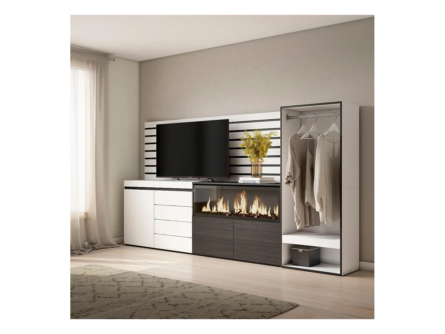 Buffet, Bahut, 274x35x145 cm, Chambre à coucher, pièce, Cheminée électrique XXL, Commode, Buffet, Vestiaire ouvert, Blanc