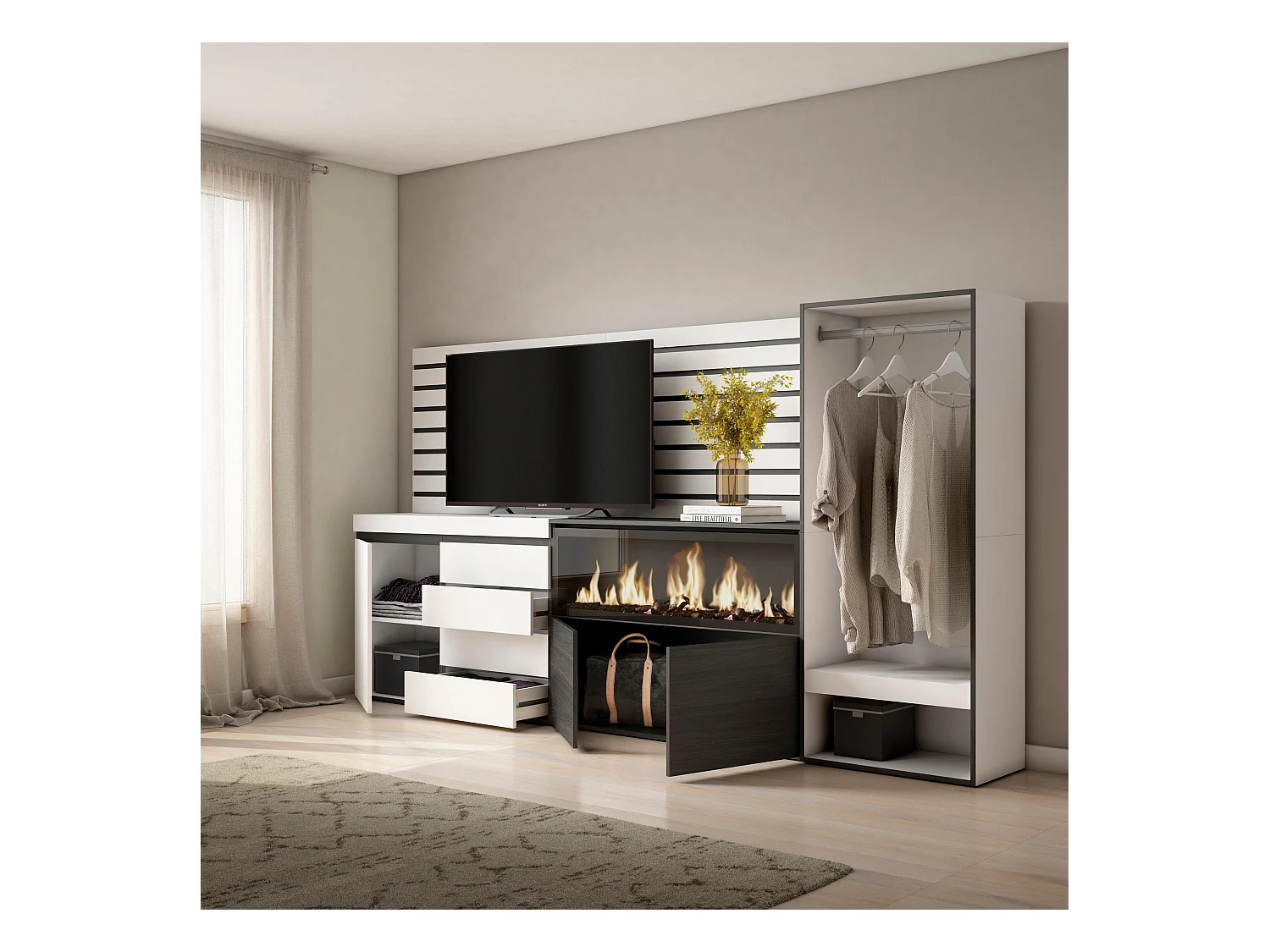 Buffet, Bahut, 274x35x145 cm, Chambre à coucher, pièce, Cheminée électrique XXL, Commode, Buffet, Vestiaire ouvert, Blanc