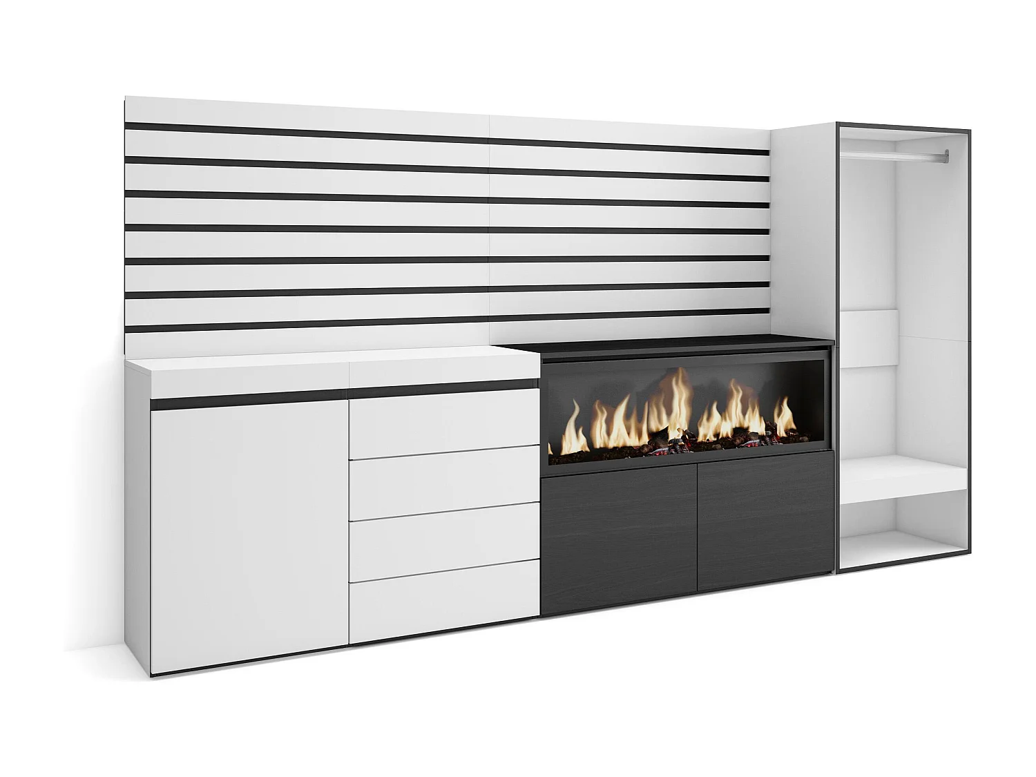 Aparador, Buffet, 274x35x145cm, Para quarto, dormitório, Lareira eléctrica XXL, Cómoda, Roupeiro aberto, Branco