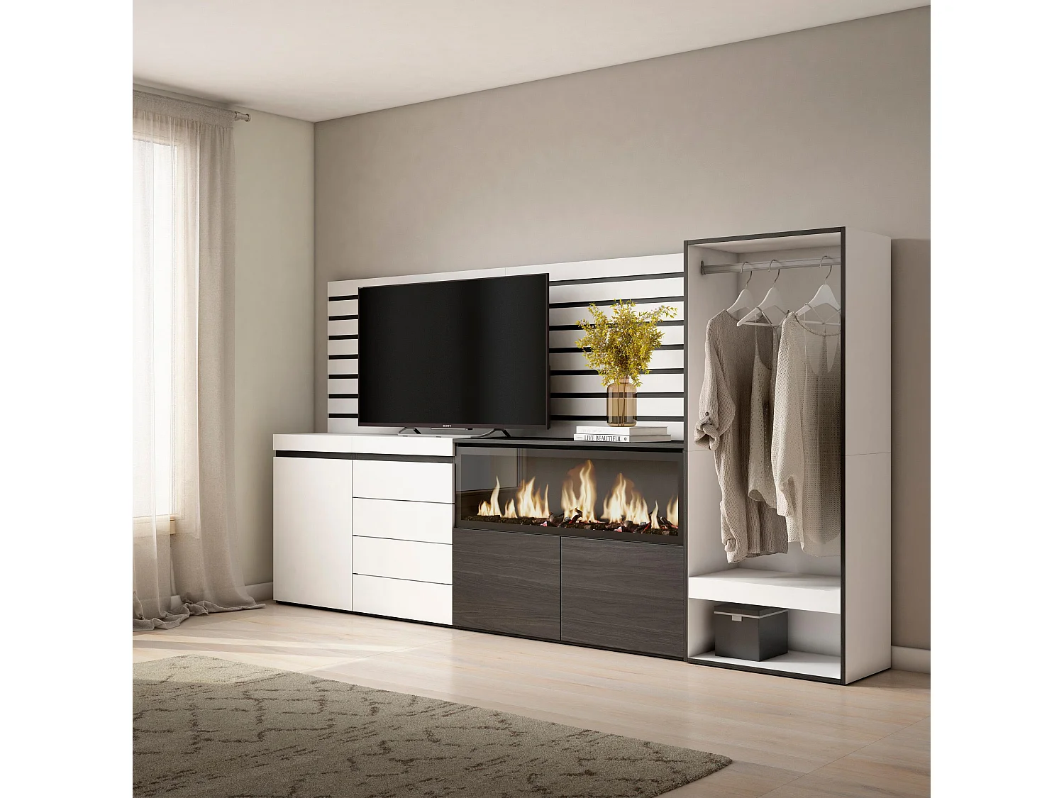 Aparador, Buffet, 274x35x145cm, Para quarto, dormitório, Lareira eléctrica XXL, Cómoda, Roupeiro aberto, Branco