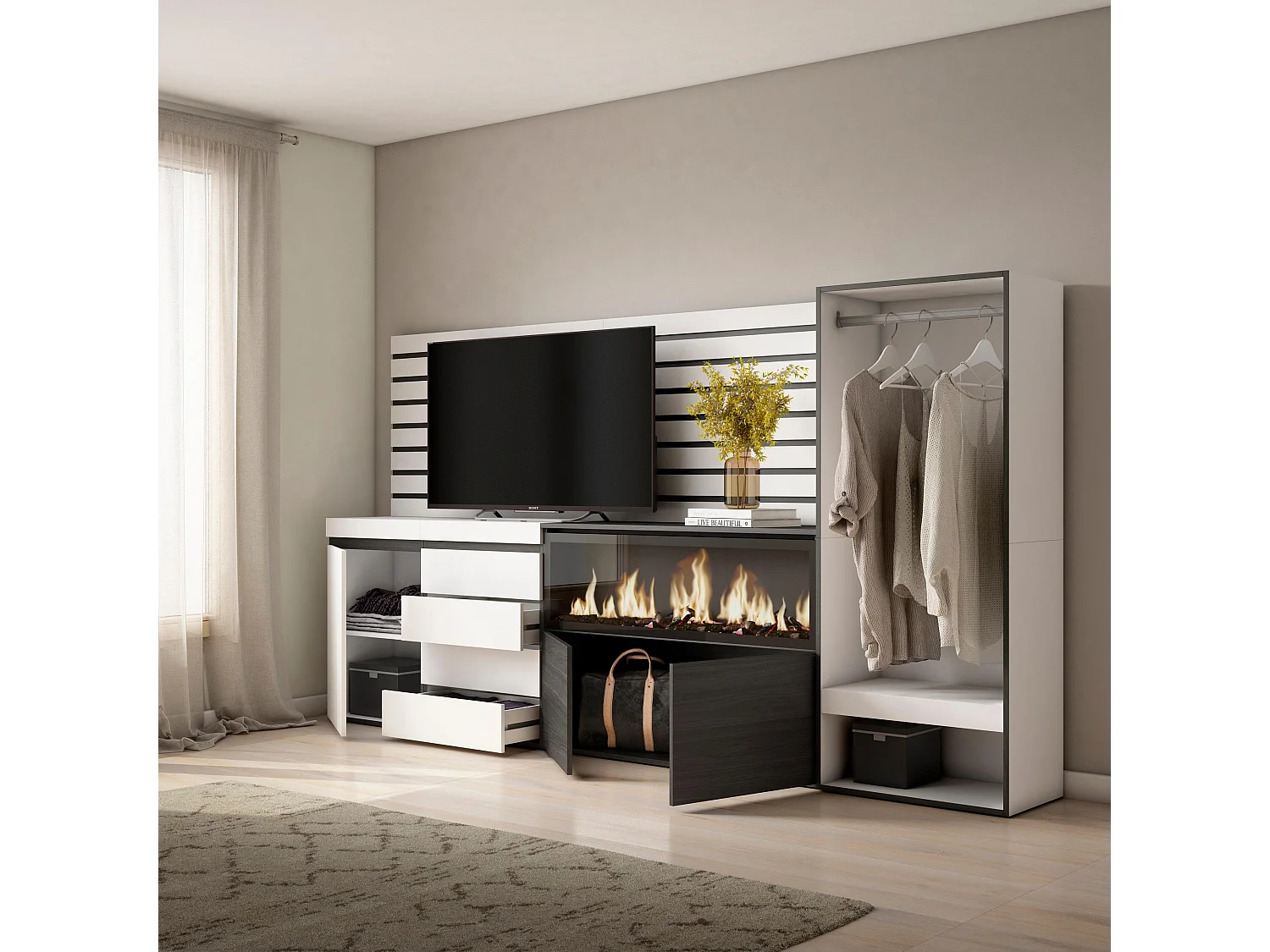 Aparador, Buffet, 274x35x145cm, Para quarto, dormitório, Lareira eléctrica XXL, Cómoda, Roupeiro aberto, Branco