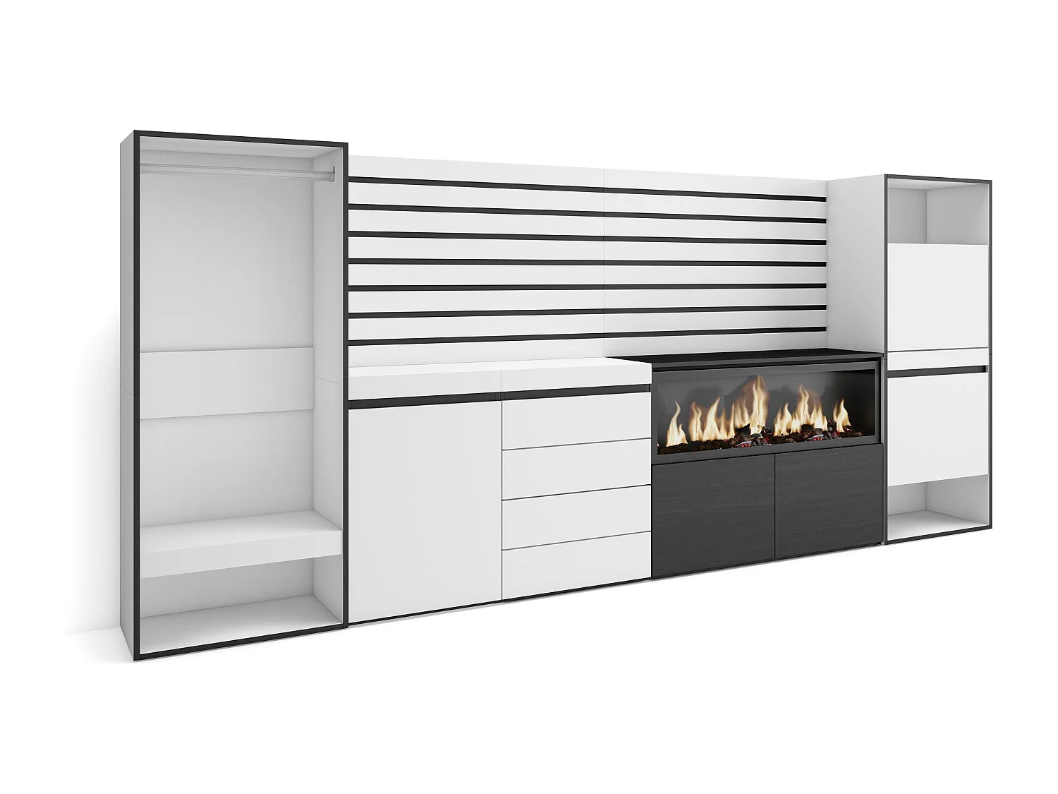 Buffet, Bahut, 334x35x145 cm, Chambre à coucher, pièce, Cheminée électrique XXL, Commode, Buffet, Meuble à Chaussures, Vestiaire ouvert, Blanc