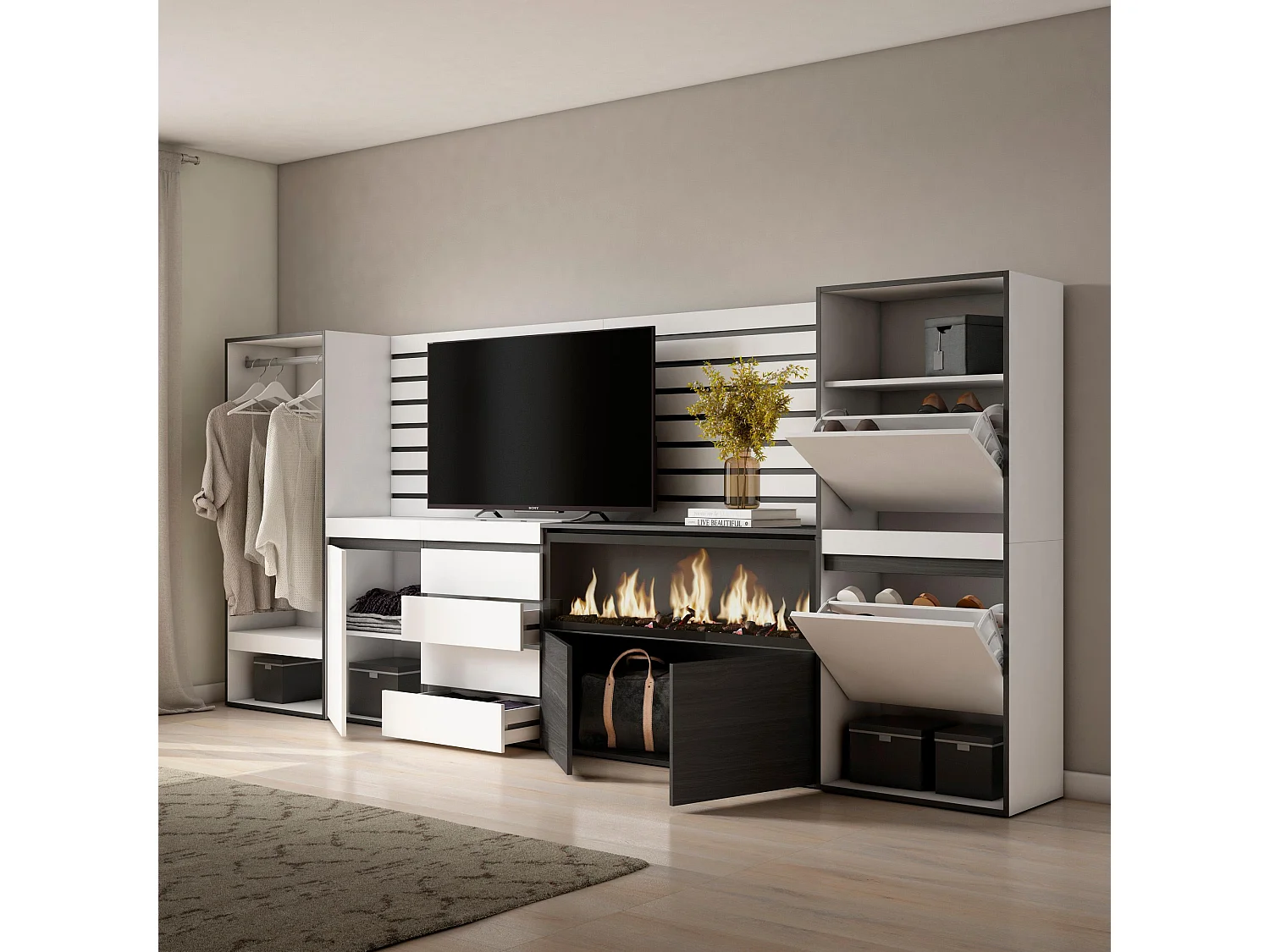 Buffet, Bahut, 334x35x145 cm, Chambre à coucher, pièce, Cheminée électrique XXL, Commode, Buffet, Meuble à Chaussures, Vestiaire ouvert, Blanc