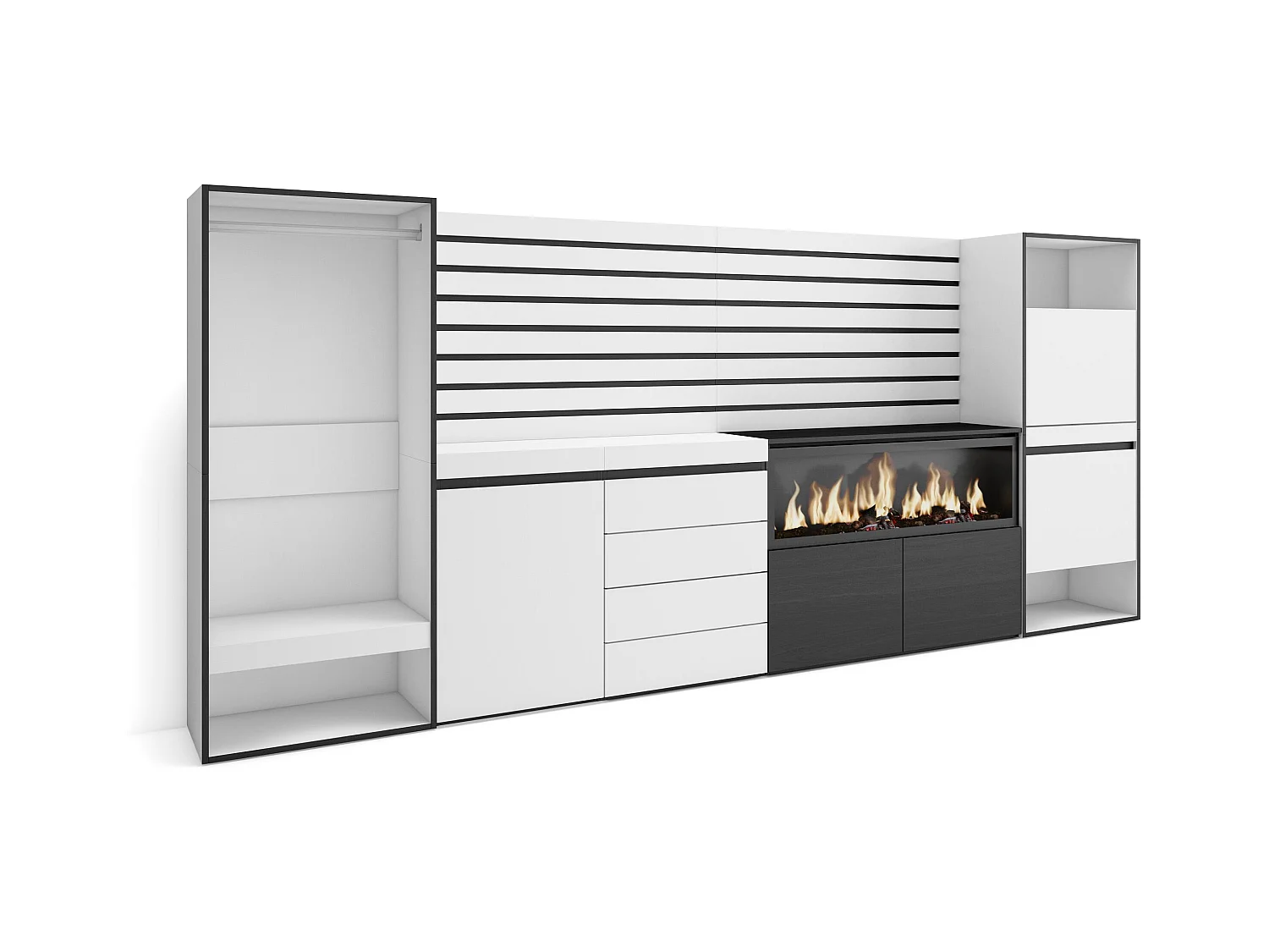 Buffet, Bahut, 334x35x145 cm, Chambre à coucher, pièce, Cheminée électrique XXL, Commode, Buffet, Meuble à Chaussures, Vestiaire ouvert, Blanc