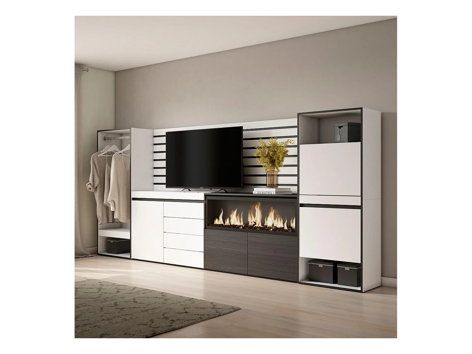 Buffet, Bahut, 334x35x145 cm, Chambre à coucher, pièce, Cheminée électrique XXL, Commode, Buffet, Meuble à Chaussures, Vestiaire ouvert, Blanc