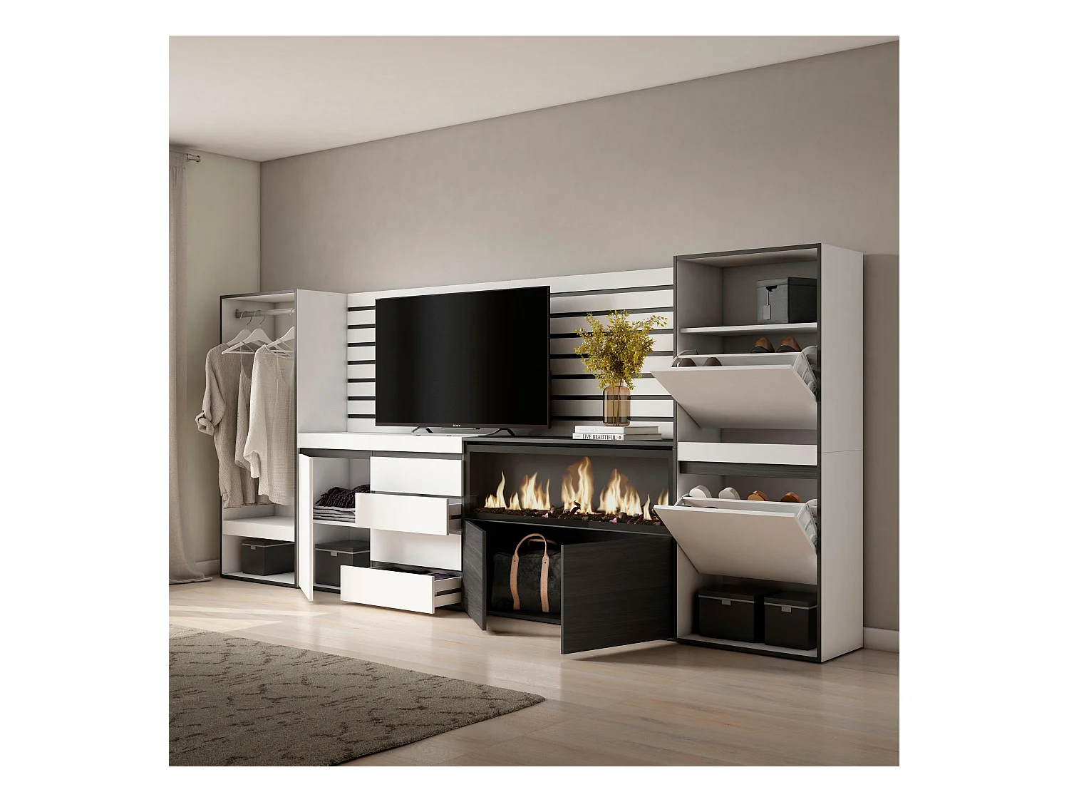Buffet, Bahut, 334x35x145 cm, Chambre à coucher, pièce, Cheminée électrique XXL, Commode, Buffet, Meuble à Chaussures, Vestiaire ouvert, Blanc