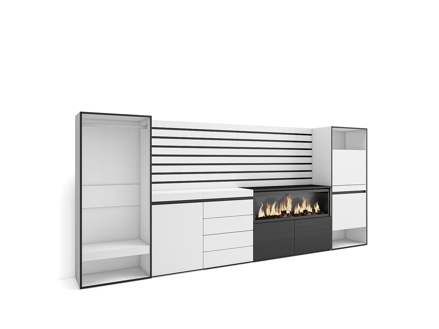 Dressoir, Opbergkast, 334x35x145cm, Voor slaapkamer, kamer, Elektrische haard XXL, Ladekast, Commode, Schoenenkast, Open Kledingkast, Wit