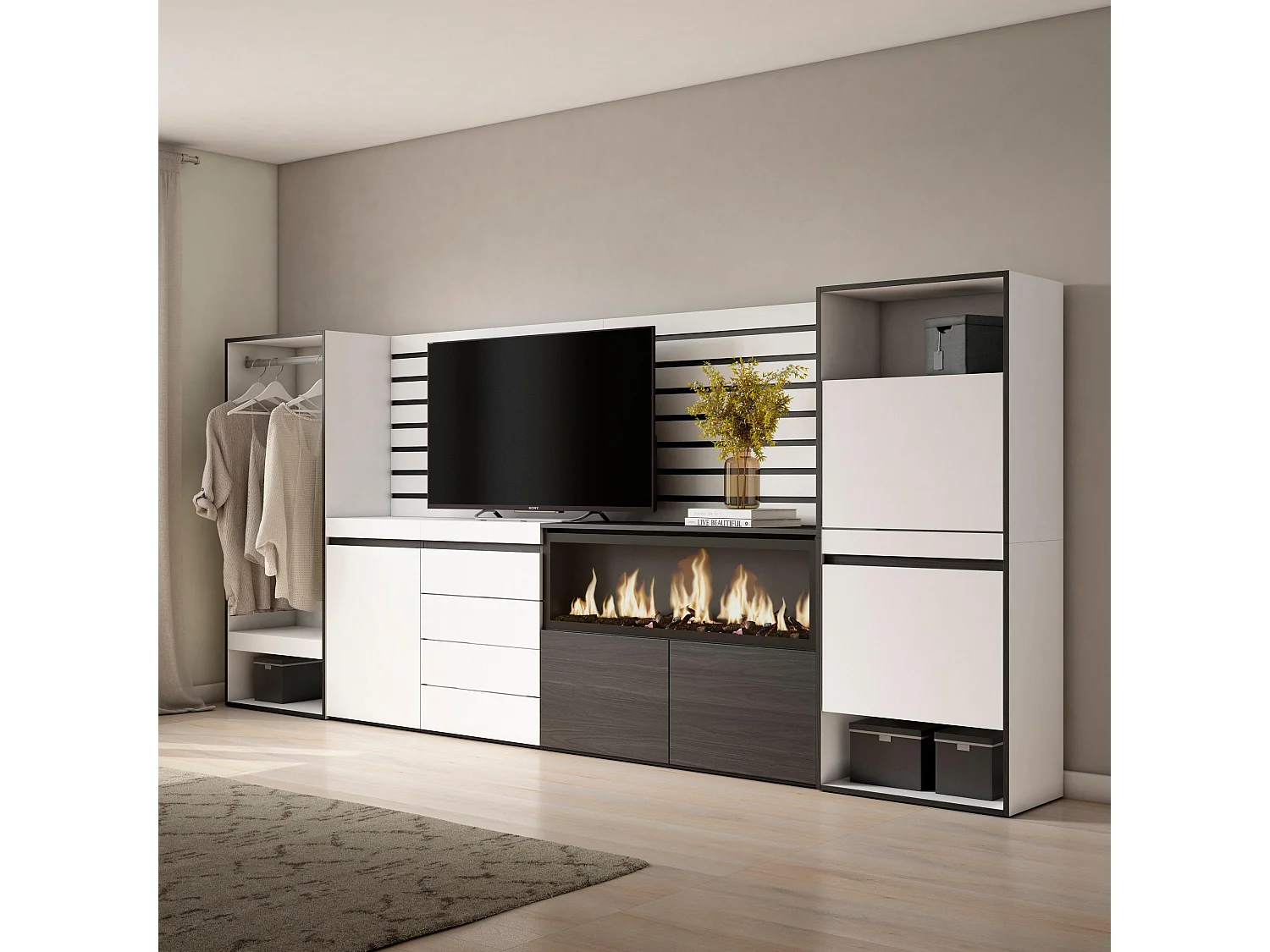 Dressoir, Opbergkast, 334x35x145cm, Voor slaapkamer, kamer, Elektrische haard XXL, Ladekast, Commode, Schoenenkast, Open Kledingkast, Wit