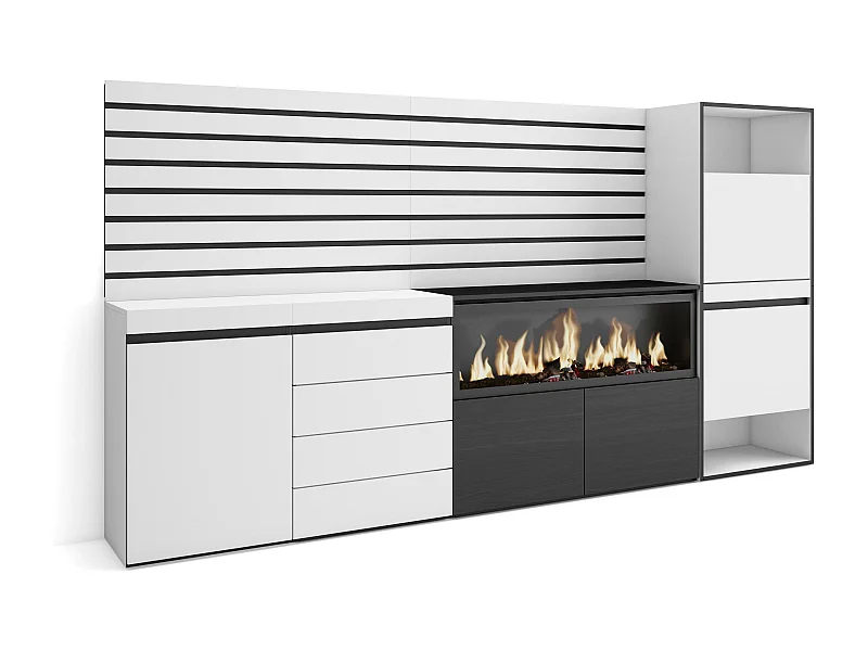 Credenza, 274x35x145cm, Camera da letto, stanza, Camino elettrico XXL, Cassettiera, Scarpiera, Bianco