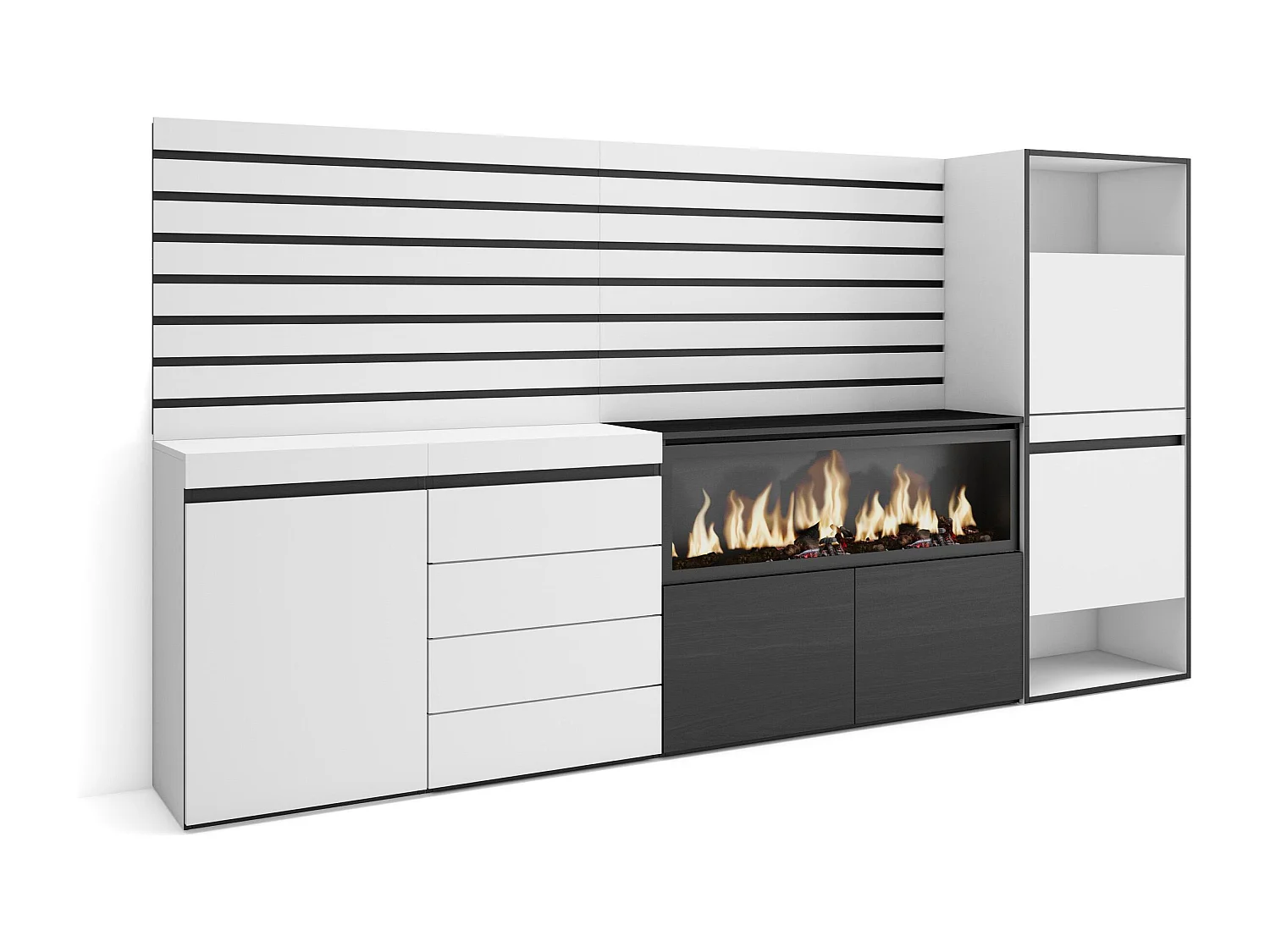 Aparador, Buffet, 274x35x145cm, Para quarto, dormitório, Lareira eléctrica XXL, Cómoda, Sapateira, Branco