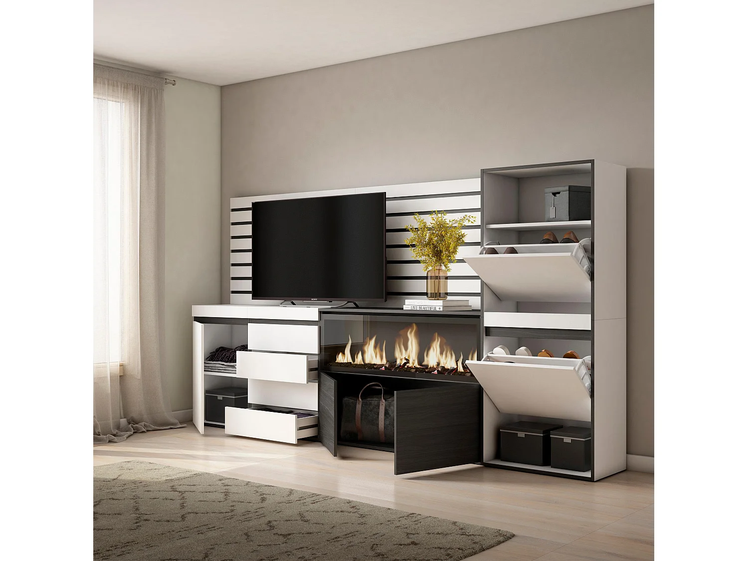 Aparador, Buffet, 274x35x145cm, Para quarto, dormitório, Lareira eléctrica XXL, Cómoda, Sapateira, Branco