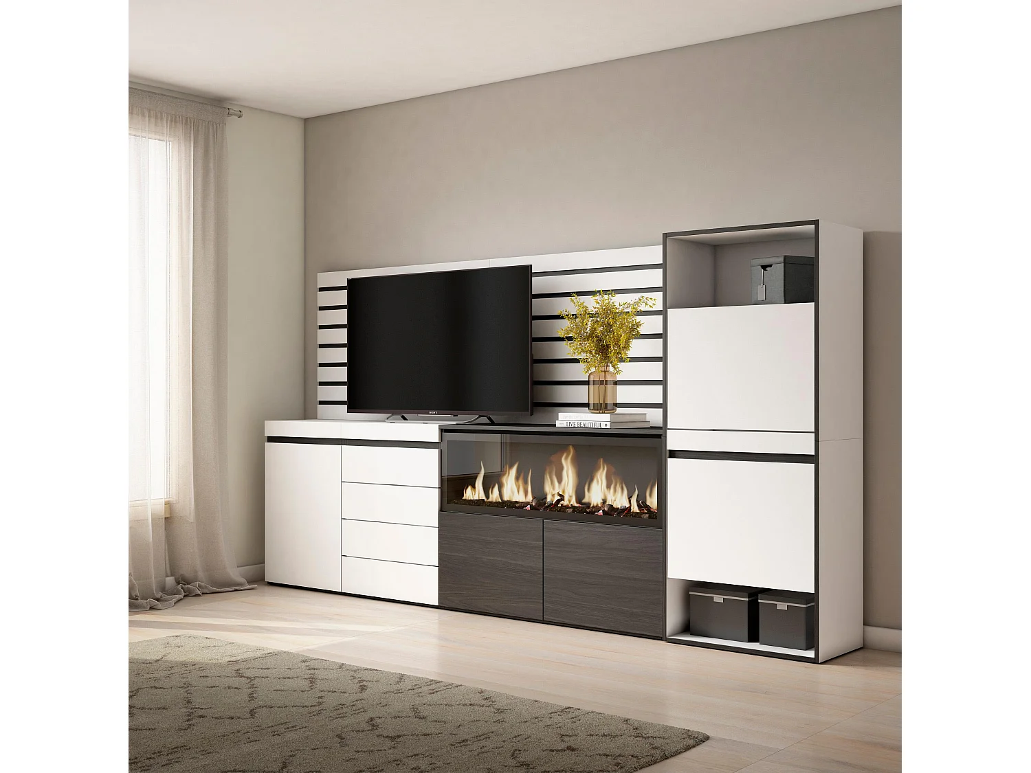 Buffet, Bahut, 274x35x145cm, Chambre à coucher, pièce, Cheminée électrique XXL, Commode, Buffet, Meuble à Chaussures, Blanc