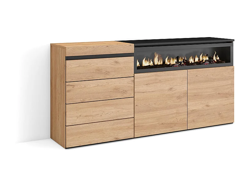 Kommode mit Schubladen, 157x35x75cm, Für Schlafzimmer, Elektrokamin, Eiche