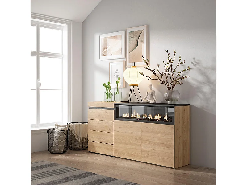 Cómoda, Cajonera, 157x35x75cm, Dormitorio, habitación, Chimenea eléctrica, Roble