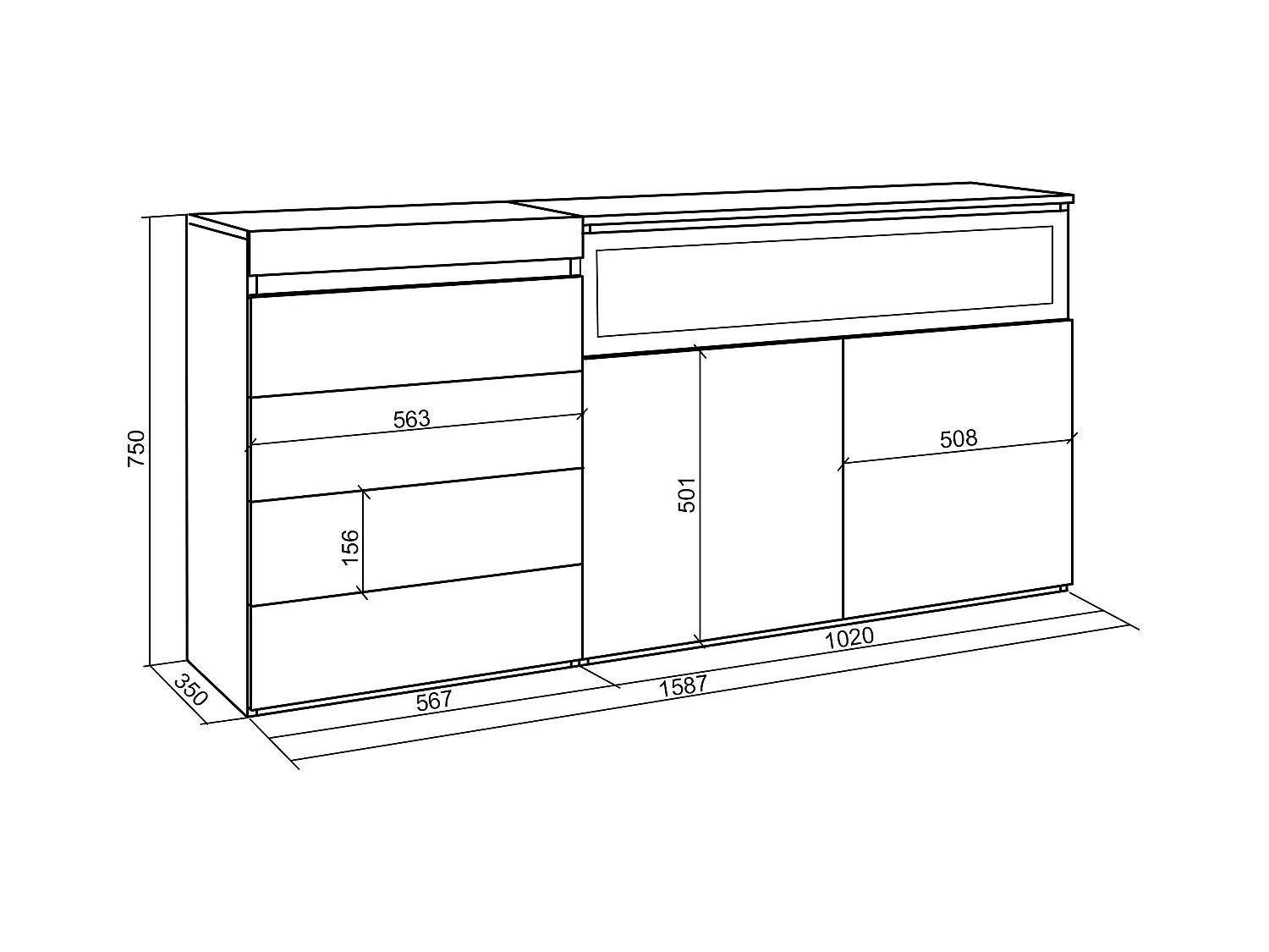 Kommode mit Schubladen, 157x35x75cm, Für Schlafzimmer, Elektrokamin, Eiche