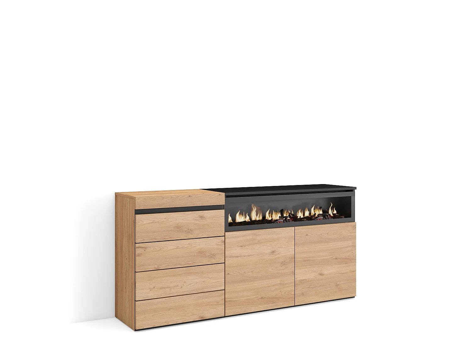 Commode, Buffet, Armoire, 135x57x75cm, Chambre à coucher, pièce, Cheminée électrique, Chêne