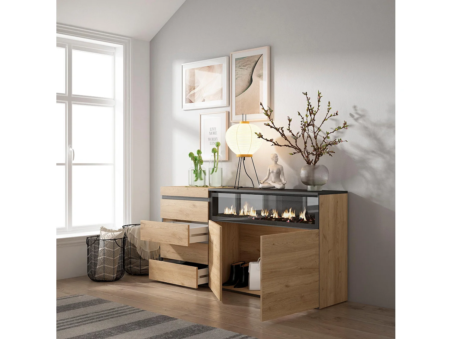 Commode, Buffet, Armoire, 135x57x75cm, Chambre à coucher, pièce, Cheminée électrique, Chêne