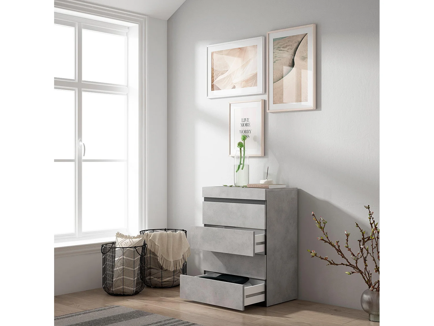 Kommode mit Schubladen, 57x35x75cm, Für Schlafzimmer, Sideboard, Schrank, Zement