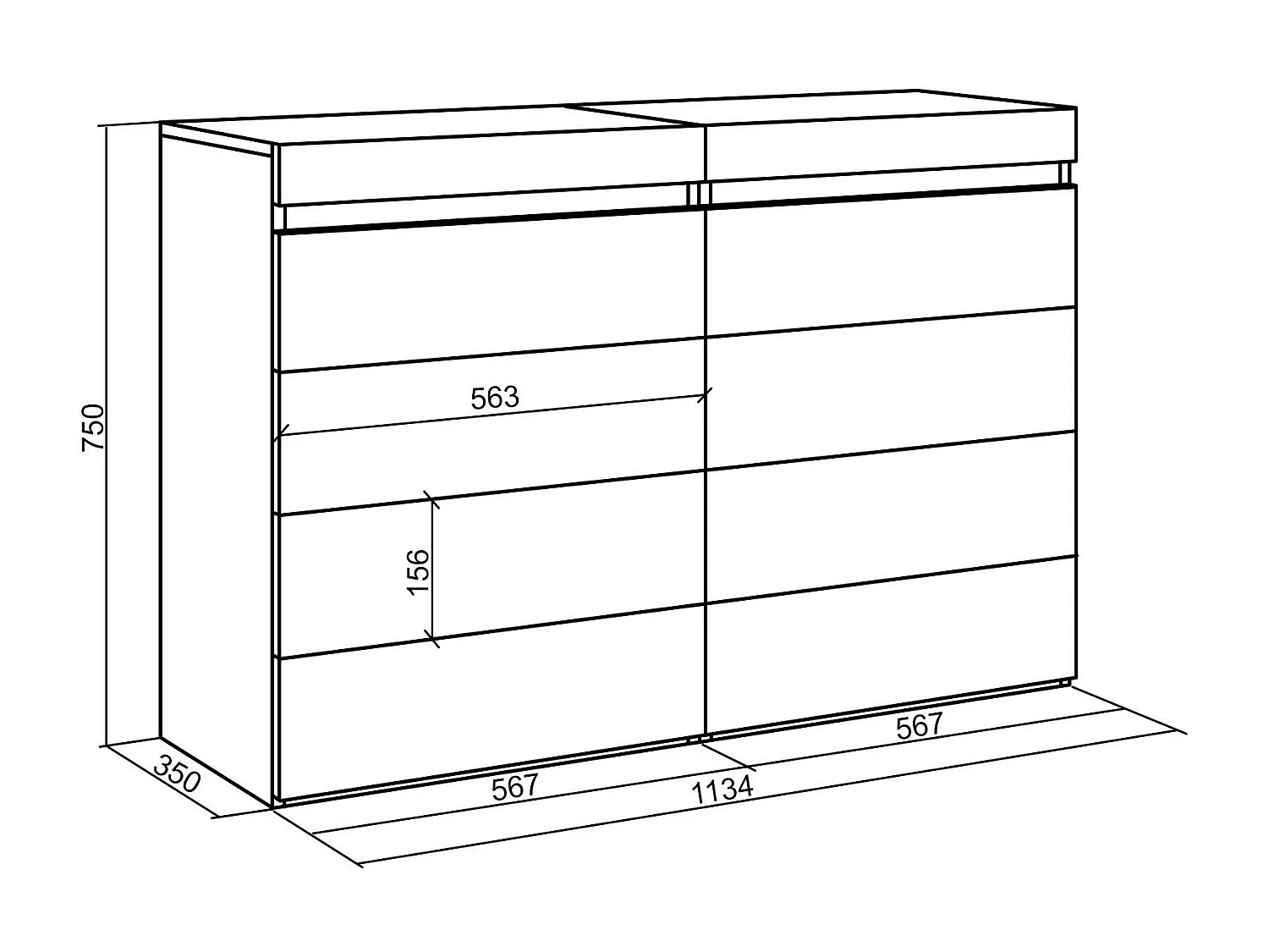 Kommode mit Schubladen, 114x35x75cm, Für Schlafzimmer, Sideboard, Schrank, Weiß und Schwarz