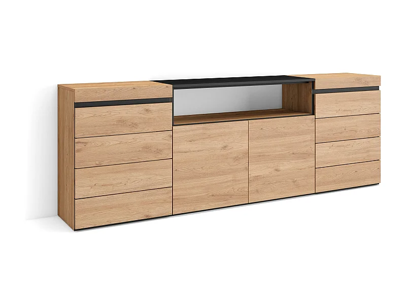 Kommode mit Schubladen, 214x35x75cm, Für Schlafzimmer, Sideboard, Schrank, Eiche