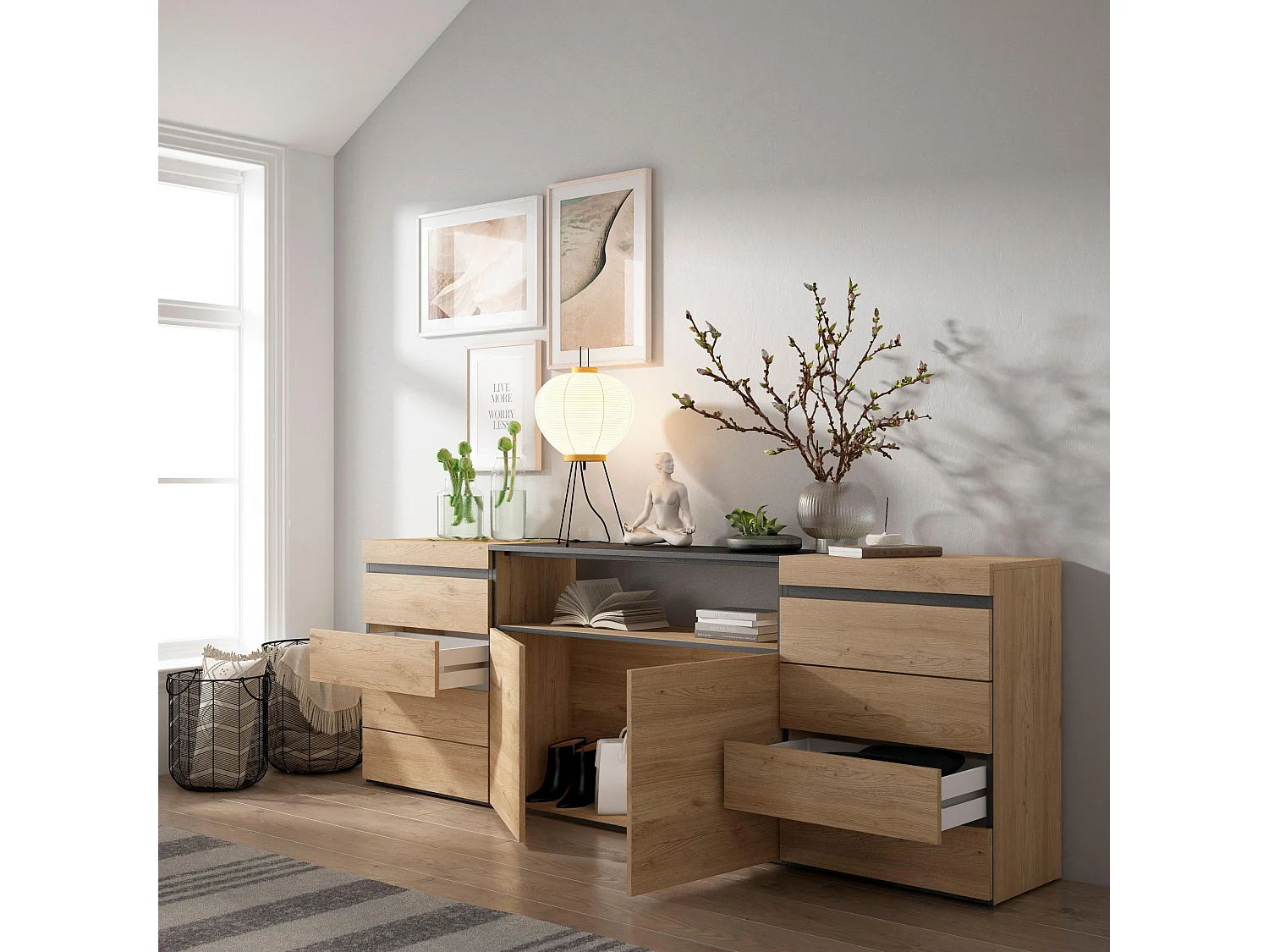 Commode, Buffet, Armoire, 214x35x75 cm, Chambre à coucher, pièce, Armoire à Tiroirs, Chêne