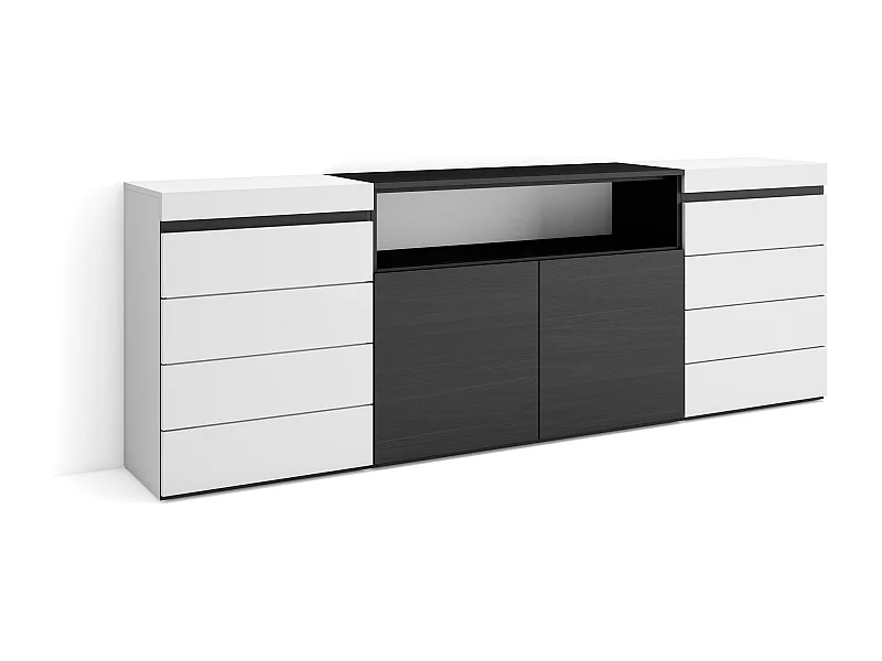 Kommode mit Schubladen, 214x35x75cm, Für Schlafzimmer, Sideboard, Schrank, Weiß und Schwarz