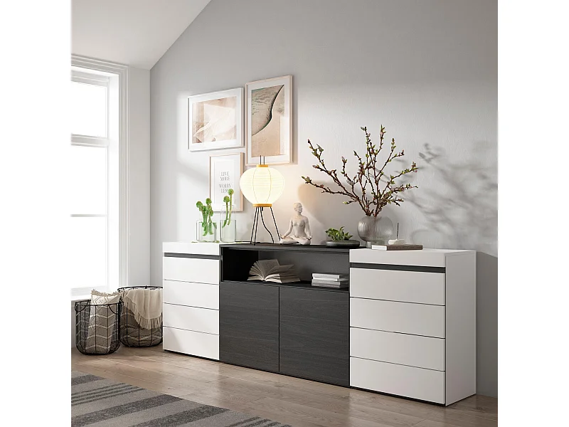 Commode, Buffet, Armoire, 214x35x75 cm, Chambre à coucher, pièce, Armoire à Tiroirs, Blanc et noir