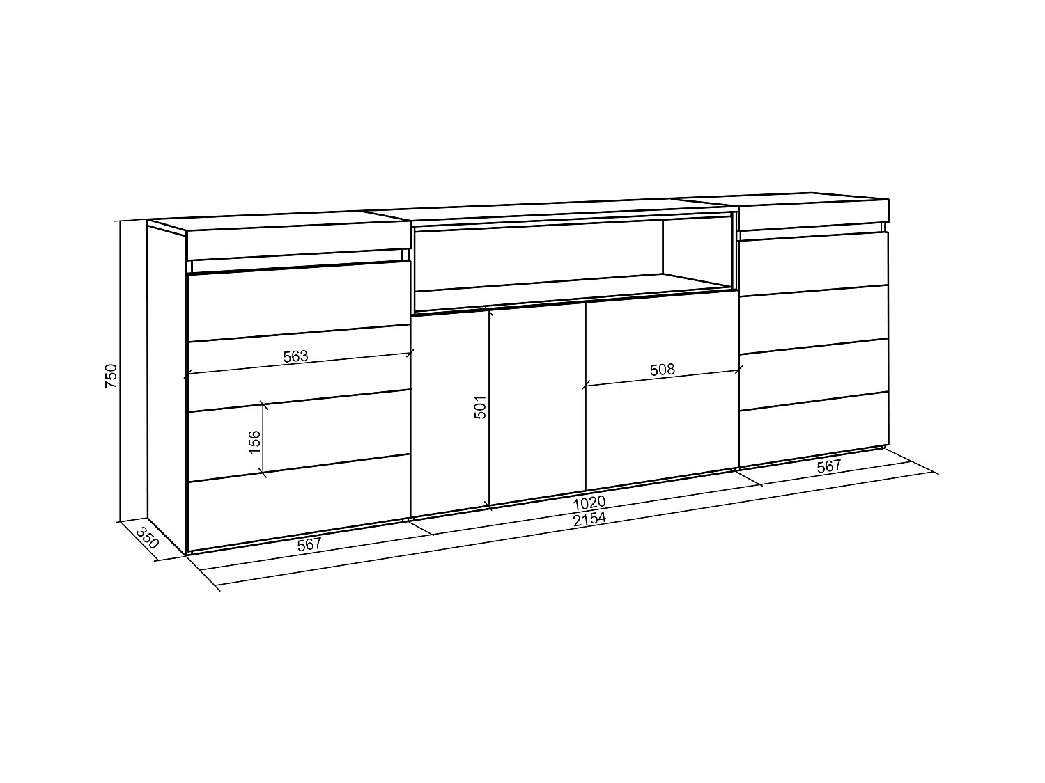 Kommode mit Schubladen, 214x35x75cm, Für Schlafzimmer, Sideboard, Schrank, Weiß und Schwarz
