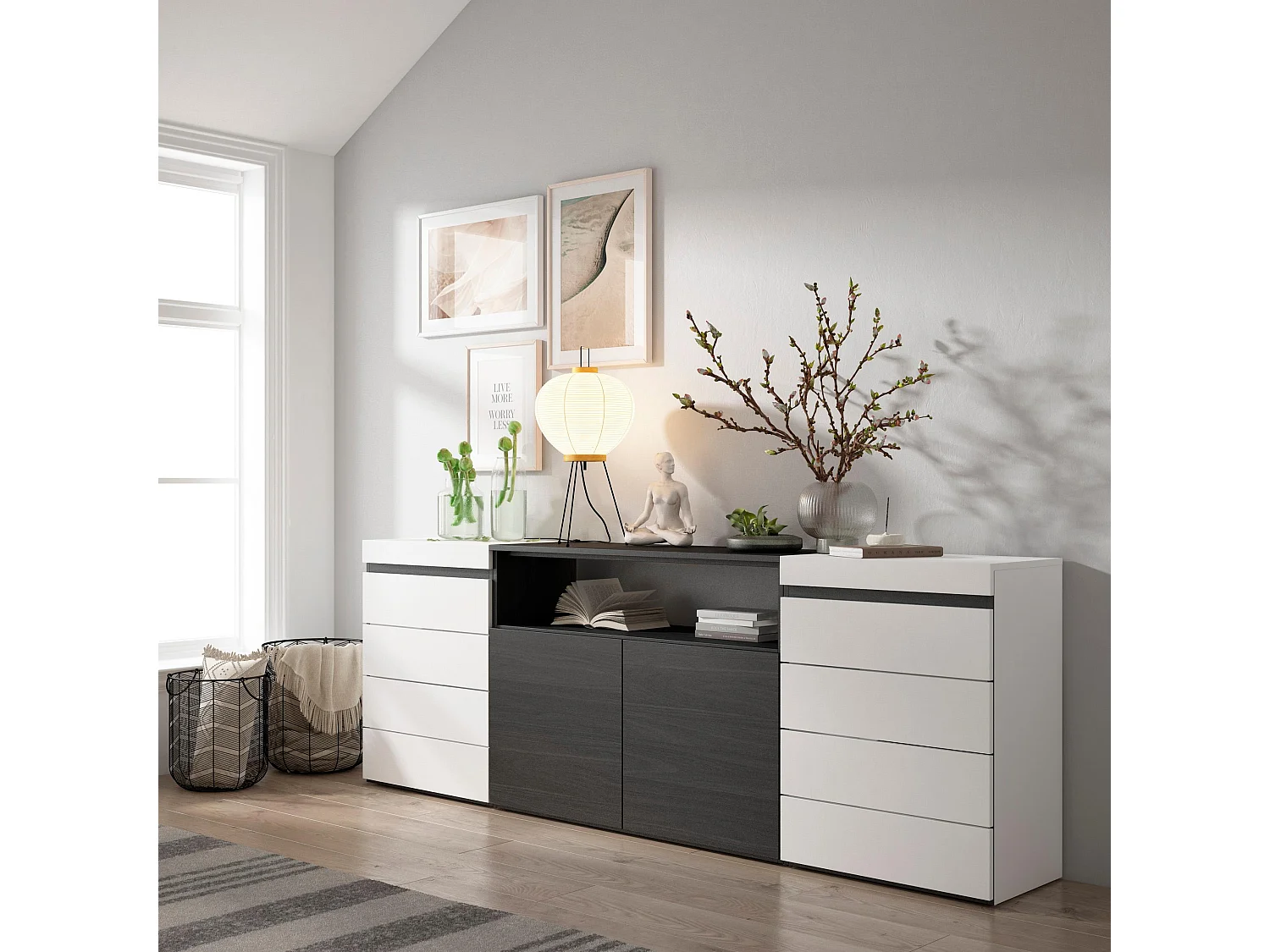 Commode, Buffet, Armoire, 214x35x75 cm, Chambre à coucher, pièce, Armoire à Tiroirs, Blanc et noir