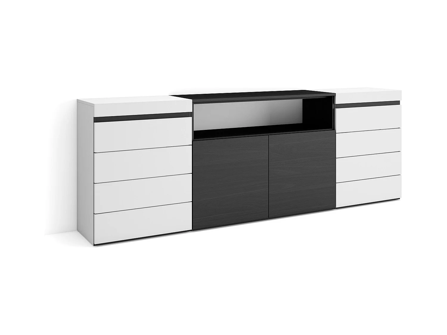 Commode, Buffet, Armoire, 214x35x75 cm, Chambre à coucher, pièce, Armoire à Tiroirs, Blanc et noir