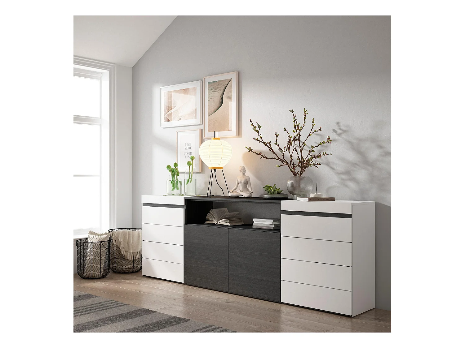 Commode, Buffet, Armoire, 214x35x75 cm, Chambre à coucher, pièce, Armoire à Tiroirs, Blanc et noir