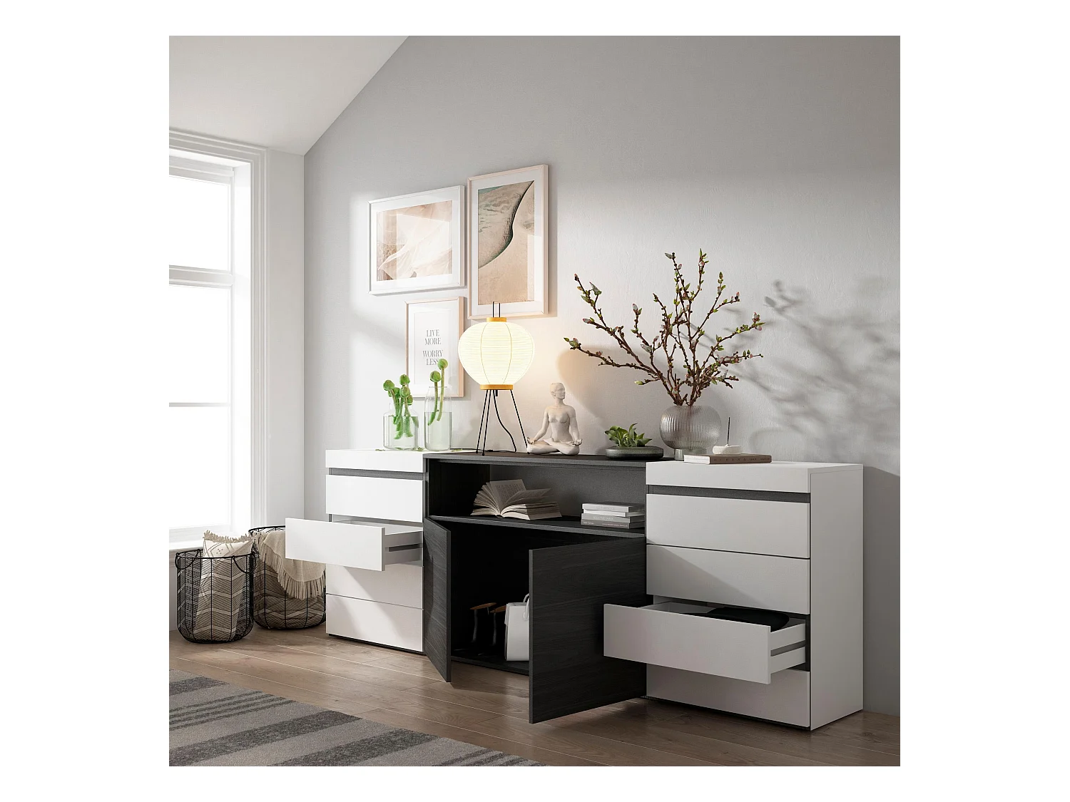 Commode, Buffet, Armoire, 214x35x75 cm, Chambre à coucher, pièce, Armoire à Tiroirs, Blanc et noir