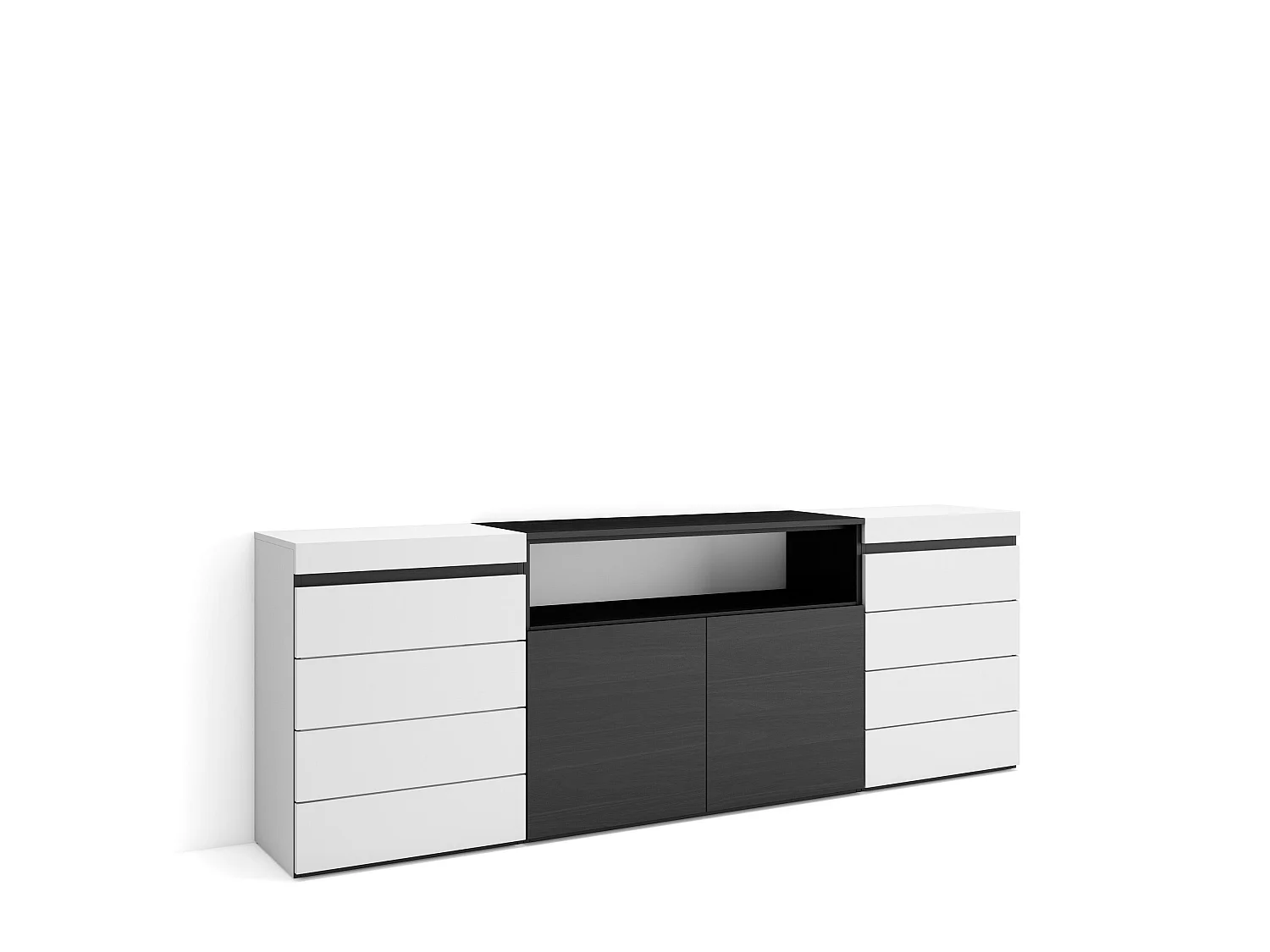Kommode mit Schubladen, 214x35x75cm, Für Schlafzimmer, Sideboard, Schrank, Weiß und Schwarz