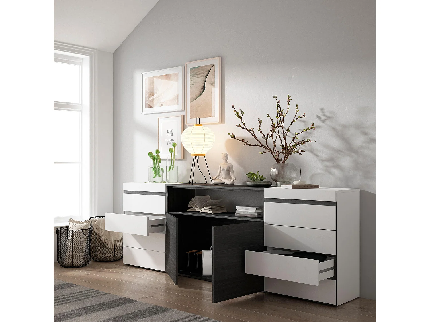 Kommode mit Schubladen, 214x35x75cm, Für Schlafzimmer, Sideboard, Schrank, Weiß und Schwarz