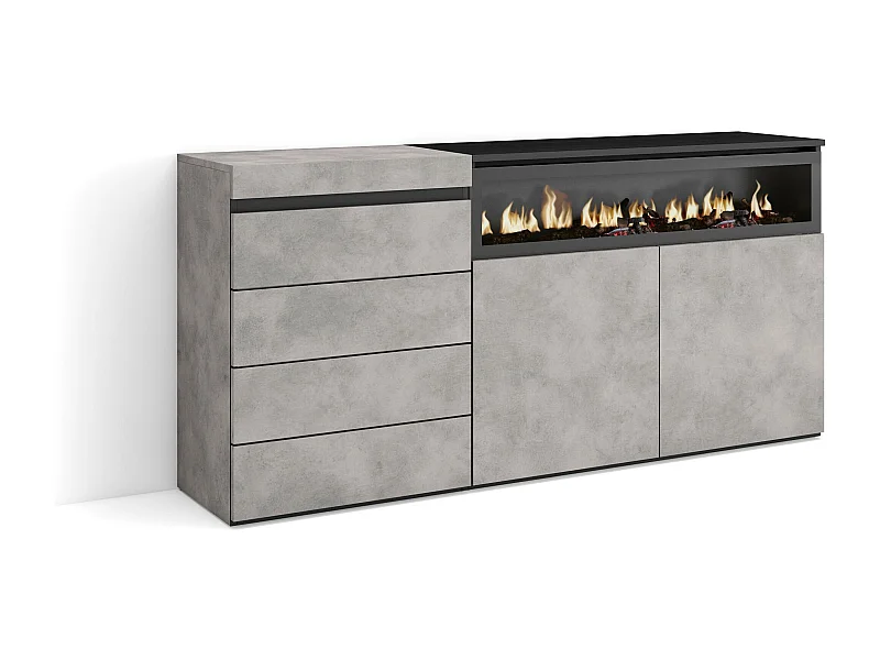 Kommode mit Schubladen, 157x35x75cm, Für Schlafzimmer, Elektrokamin, Zement