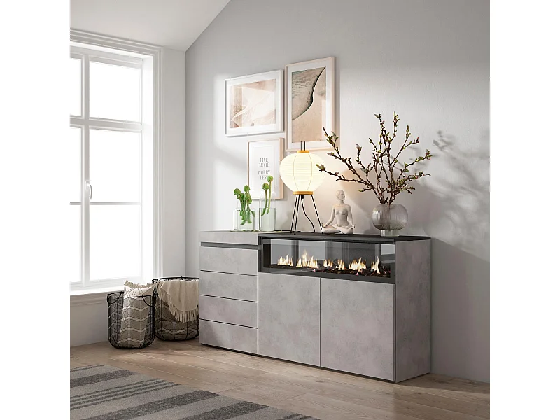 Cómoda, Cajonera, 157x35x75cm, Dormitorio, habitación, Chimenea eléctrica, Cemento