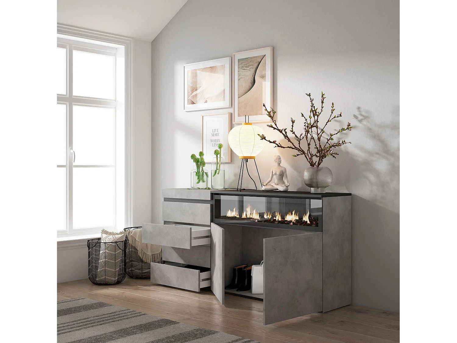 Commode, Buffet, Armoire, 135x57x75 cm, Chambre à coucher, pièce, Cheminée électrique, Ciment