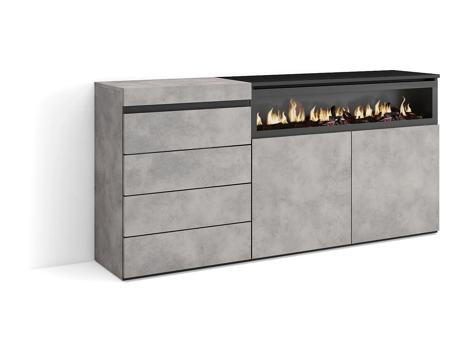 Kommode mit Schubladen, 157x35x75cm, Für Schlafzimmer, Elektrokamin, Zement