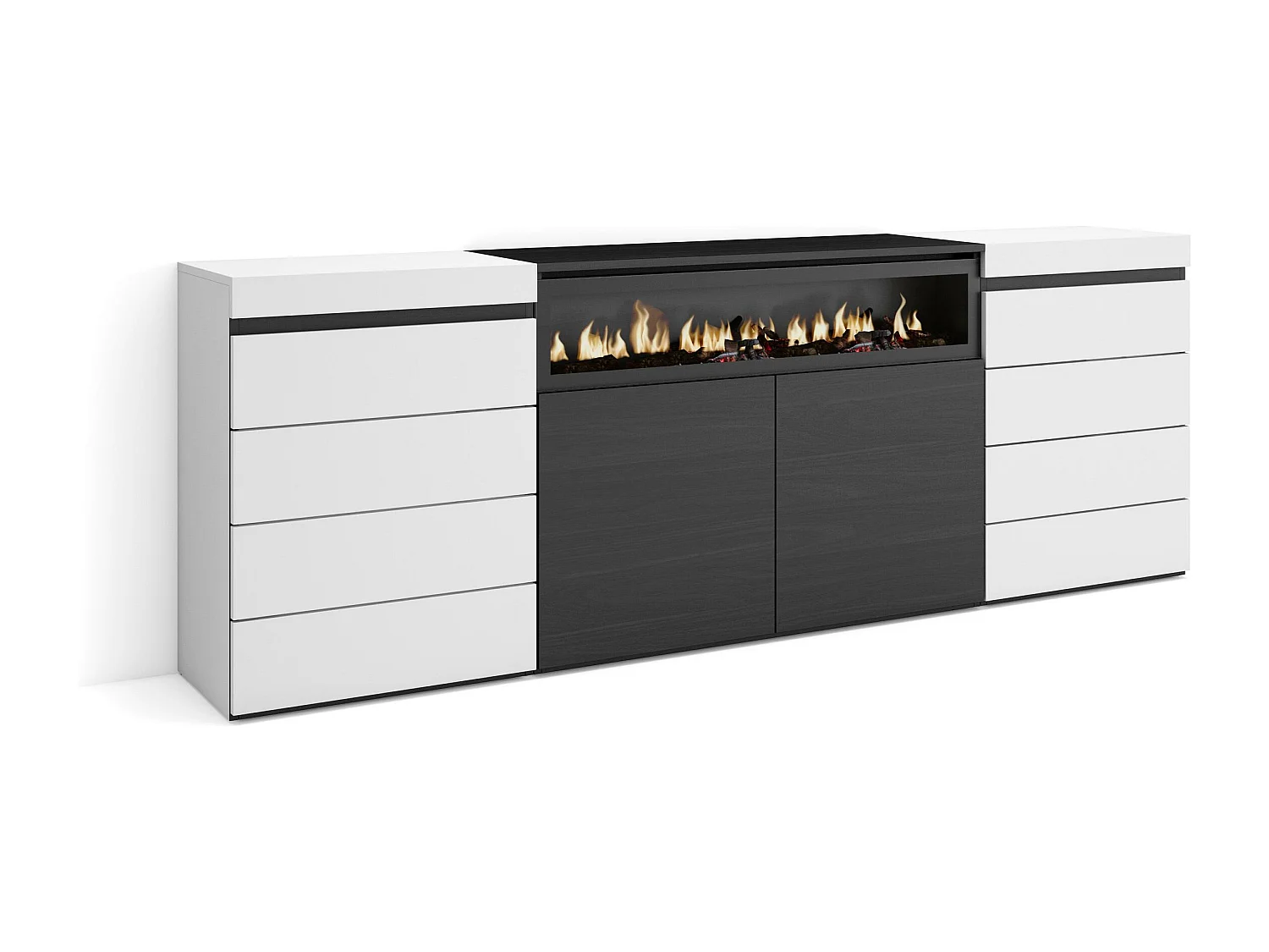 Kommode mit Schubladen, 214x35x75cm, Für Schlafzimmer, Elektrokamin, Weiß und Schwarz