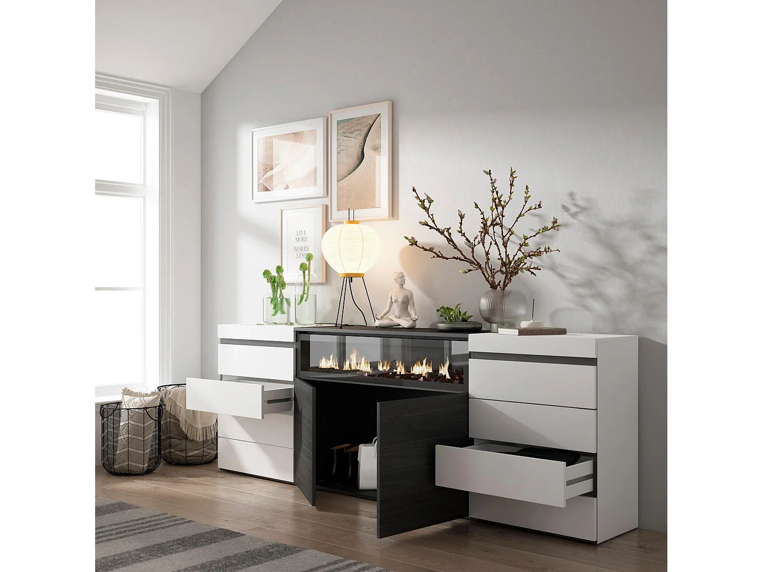 Commode, Buffet, Armoire, 214x35x75 cm, Chambre à coucher, pièce, Cheminée électrique, Blanc et noir